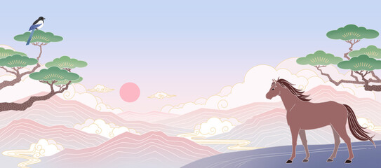 Traditional Korean New Year 2026 Greeting Card with Horse and Magpie