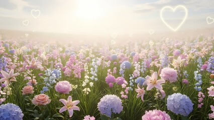 A serene field of vibrant flowers bathed in warm sunlight, with glowing heart shapes floating gently in the sky, creating a romantic and dreamy atmosphere for any occasion