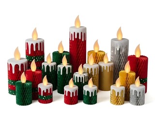 Festive collection of flameless led candles in red green gold and silver for holiday decor and seasonal celebrations on white background