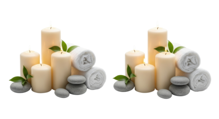 Two spa arrangements with candles stones and rolled towels transparent background cutout png