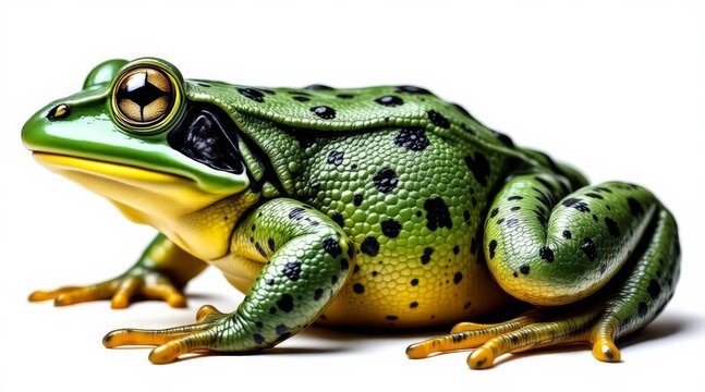 Detailed close-up of a vibrant green frog with black spots and yellow belly isolated on white background
