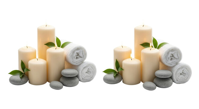 Two spa arrangements with candles stones and rolled towels transparent background cutout png - Powered by Adobe