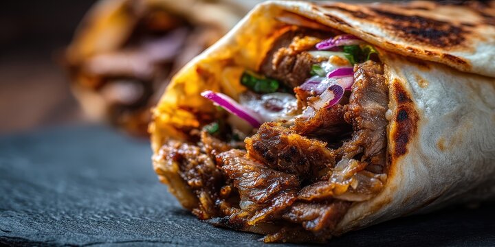 Doner kebab wrap with grilled meat and fresh vegetables