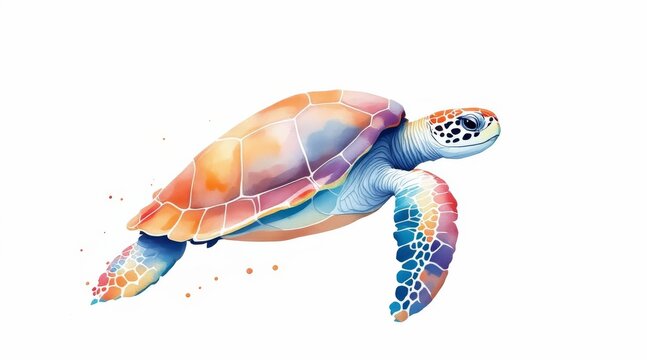 Colorful watercolor turtle with vibrant shell patterns swimming gracefully on white background