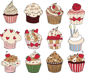 Elegant Hand-Drawn Cupcake Collection with Vintage Style and Ribbon Accents