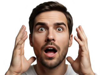 Surprised Young Man with Hands Raised to Head, Mouth Open and Eyes Wide, isolated on transparent background