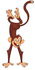 Cartoon funny monkey chimpanzee standing upside down. Vector illustration isolated on white