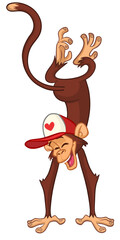 Cartoon funny monkey chimpanzee standing upside down. Vector illustration isolated on white