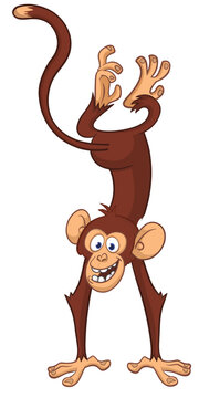 Cartoon funny monkey chimpanzee standing upside down. Vector illustration isolated on white