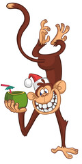 Cartoon funny monkey chimpanzee upside down drinking coconut cocktail and wearing Santa Hat. Vector illustration for Christmas or New year