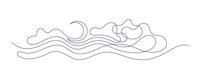 Line of moon, sea wave, cloudy weather. Simple print