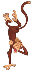 Cartoon funny monkey chimpanzee standing upside down. Vector illustration isolated on white