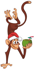 Cartoon funny monkey chimpanzee upside down drinking coconut cocktail and wearing Santa Hat. Vector illustration for Christmas or New year