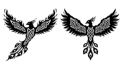 Stunning pair of black Celtic knotwork phoenix designs ready for dramatic tattoo artistry