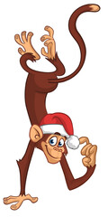 Cartoon funny monkey chimpanzee standing upside down wearing Santa hat. Vector illustration for Christmas or New Year