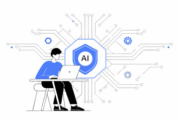 Man using a laptop with artificial intelligence network illustration in background