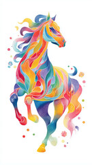 レインボーカラーで表現されたファンタジックな馬のグラフィック｜干支、2026、ポップ、背景、明るい、動物、カラフル、デザイン、可愛い、装飾、虹、グラデーション