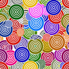 A vibrant seamless pattern of colorful concentric circles on a white background