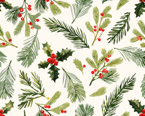 Festive evergreen branches and red berries seamless winter holiday pattern