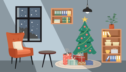 Fototapeta premium Cozy Christmas Eve Room with Decorated Tree and Falling Snow. Living room space. Snowy Season Home Comforts.