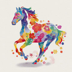 和風の花模様で彩られた幻想的な馬のアート作品｜干支、年賀状、2026、和柄、華やか、装飾、動物、カラフル、幻想、正月、背景素材、年始、新年