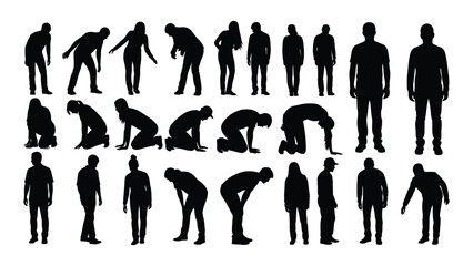 Silhouette collection of people bending kneeling and crouching in multiple positions