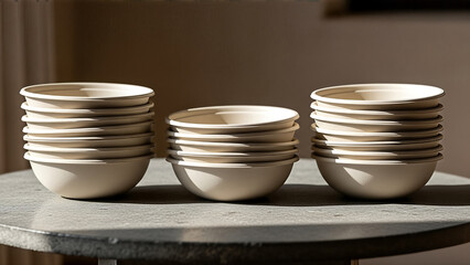 Stacks of handmade ceramic bowls on a table in a pottery studio.