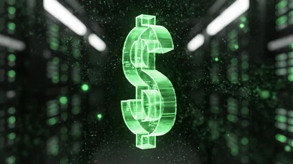 Digital green dollar hologram glowing with particles in futuristic data center, symbolizing virtual currency, finance technology innovation and advanced digital currency data systems - Powered by Adobe