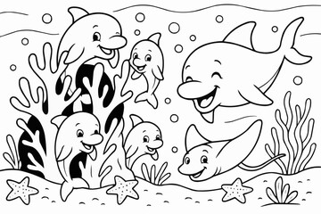 Fototapeta premium Coloring book for kids - Dolphins playing and swimming around coral reef in ocean scene 