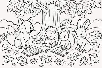 Coloring book for kids - Cartoon animals reading books under a tree in a forest setting  