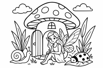 Naklejka premium Coloring book for kids - Fairy sitting by mushroom house with snail and ladybug in garden 