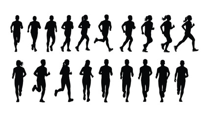 Silhouette set of men and women running in dynamic athletic poses