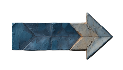 Weathered blue and grey arrow pointing the way forward or right