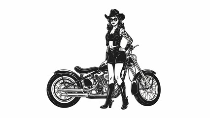 Vintage style illustration of a confident woman in a cowboy hat and boots posing with a classic custom motorcycle, embodying an edgy and free-spirited lifestyle
