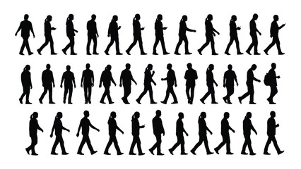 Silhouette collection of men and women walking in side profile poses
