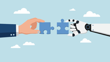 Human Hand and Robot Hand Connecting Puzzle Pieces Symbolizing Artificial Intelligence Integration and Collaboration © dale