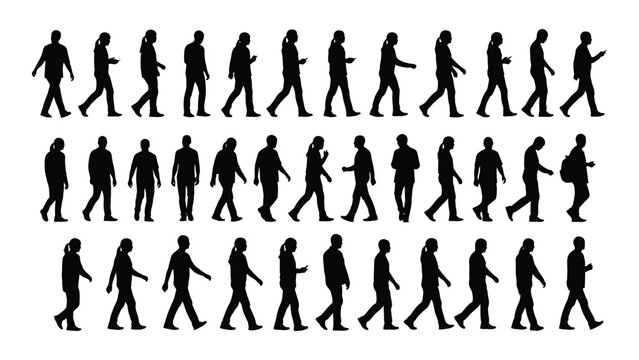 Silhouette collection of men and women walking in side profile poses