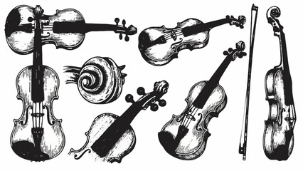 Whimsical collection of hand-drawn classical string instruments, including violins and cello, presented in an antique sketch art style for diverse design © dale