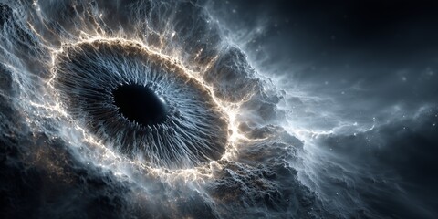 A swirling cosmic eye glows with golden light against stormy nebulae, radiating mystery and power. The celestial vortex suggests ancient wisdom, the universe’s gaze, or hidden realms.