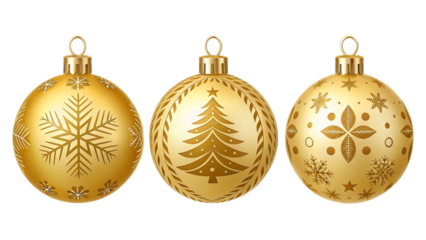 Three golden  Christmas ornaments isolated on white or transparent background