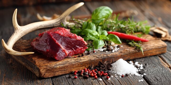 Raw venison meat with fresh herbs and spices
