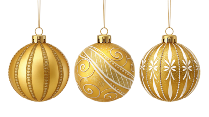 Three golden  Christmas ornaments isolated on transparent background