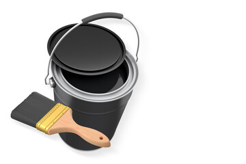 Foam paint roller with handle, brush and shiny metal bucket on white background with clipping path, concept of painting tools