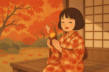 紅葉に包まれた庭で焼き芋を楽しむ着物姿の少女を描いた秋の和風イラスト
