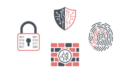 Digital padlock open cybersecurity access, Shield divided protection defense concept, Fingerprint biometric identity verification system, Firewall brick network safety illustration