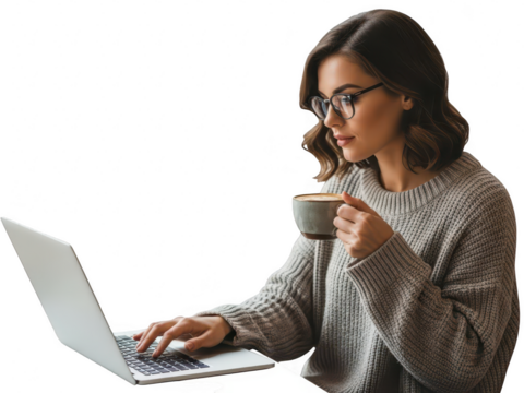 Woman in glasses and sweater working on laptop and drinking coffee, isolated on transparent background - Powered by Adobe