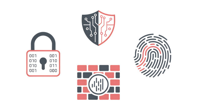 Digital padlock open cybersecurity access, Shield divided protection defense concept, Fingerprint biometric identity verification system, Firewall brick network safety illustration - Powered by Adobe