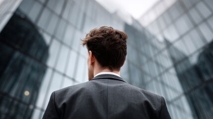 A stylish man stands with his back to the viewer, gazing up at towering glass buildings. The reflective surfaces create a striking contrast against his dark jacket in the bustling city