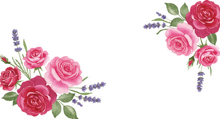 Watercolor floral corner designs with vibrant pink and red roses and delicate lavender. Ideal for elegant invitations, greeting cards, and decorative borders, adding natural beauty and artistic charm.