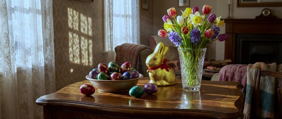 Easter celebration with eggs and flowers in a cozy room